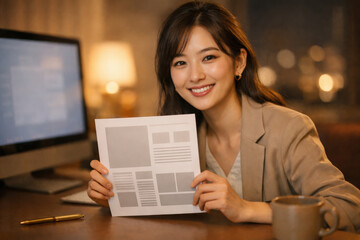 Woman holding paper document presenting content in office environment