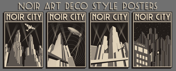 Noir Art Deco Style Posters. Futuristic Noir City, Skyscrapers, Zeppelin, Plane, Spotlights and Stars Vector Illustration Set. Vector Templates for Art Deco Placards, Covers, Illustrations © koyash07