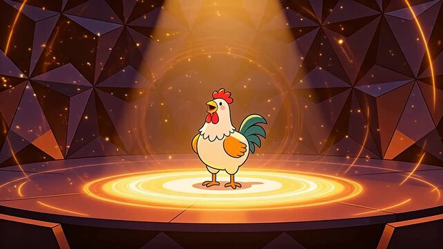 Cartoon rooster standing on glowing stage with golden lights