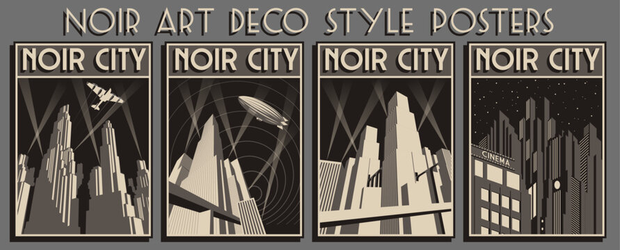 Noir Art Deco Style Posters. Futuristic Noir City, Skyscrapers, Zeppelin, Plane, Spotlights and Stars Vector Illustration Set. Vector Templates for Art Deco Placards, Covers, Illustrations