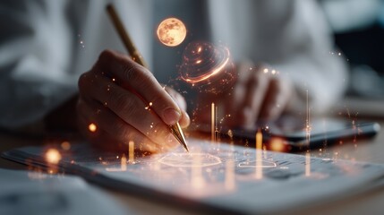 Obraz premium A person writing with glowing cosmic elements, symbolizing creativity, innovation, and limitless imagination in a futuristic setting.