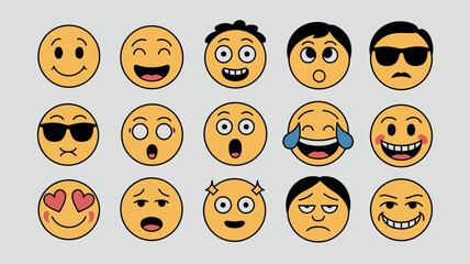 Obraz premium Set of funny cartoon faces and yellow emoticon icons featuring a vector illustration of diverse facial expressions from a happy smile to angry and crying emotions