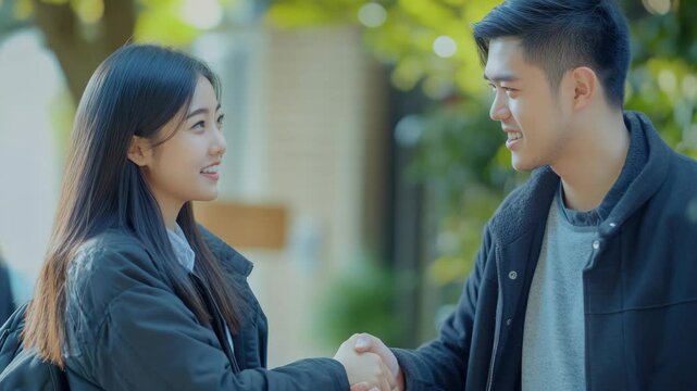 A man and a woman smiling at each other while shaking hands in the street.