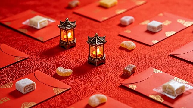 Red table with envelopes and lanterns for traditional festival