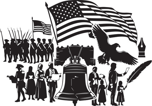 American history symbols silhouette vector illustration collection with flag eagle and bell