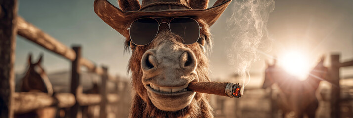 Extreme close-up, portrait of a determined cowboy horse wearing a worn leather hat and dark sunglasses while smoking a cigar, standing in a cinematic western ranch full of horses. Generative Ai.