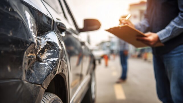 Car side damage after collision. Report crash and record vehicle damage. Traffic accident inspection on road. Insurance claim assessment process. Accident documentation and repair evaluation.