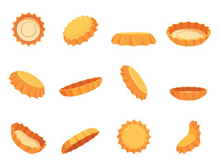 Cartoon yellow bottle caps. Metal cap from bottles, different positions. Broked, used and crumpled caps of mineral water, lemonade, beer, soda drinks, sapid vector set