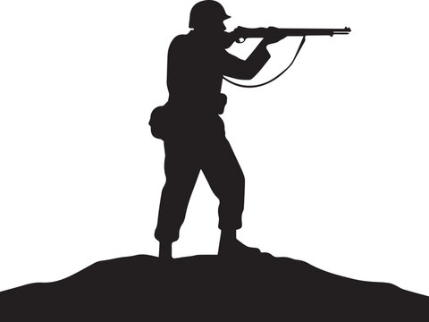 World war ii era soldier aiming rifle standing on battlefield terrain vector silhouette