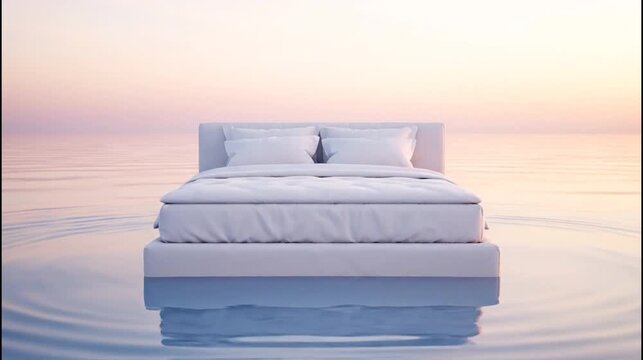 Minimalist white bed floating on calm ocean water during soft pink sunset creating ripple effects in surreal dreamlike cinematic sequence