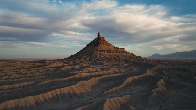 Aerial view of Factory Butte, a majestic geological formation rising dramatically from the textured desert landscape under a pastel sky, Hanksville, Utah, United States.