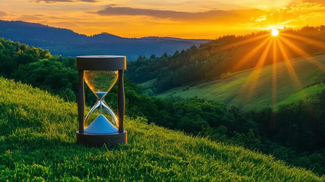 A large wooden hourglass is sitting on a grassy hillside. The sun is setting in the background, casting a warm glow over the scene