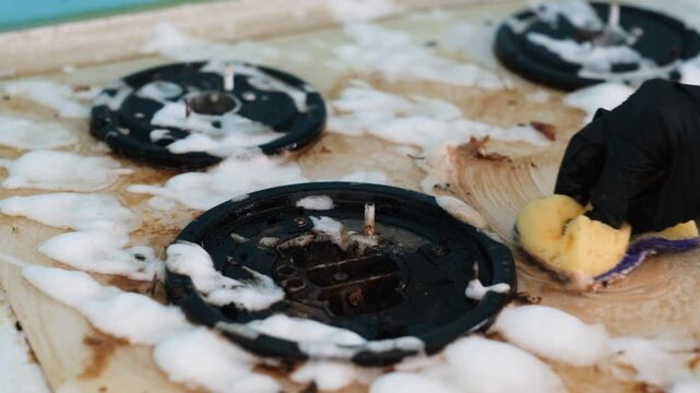 A woman's hand in a rubber glove splashes foam and washes a dirty gas stove.

