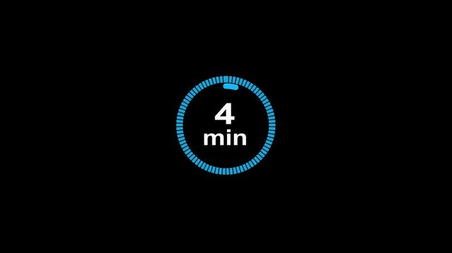 4 minute circle clock icon animation, circular arrow with 4 minute text animation. Digital and analog clock 4 minutes reminder 4k video motion graphic.
