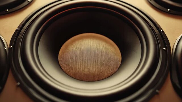 Close up of subwoofer speakers vibrating during music playback in a sound system setup, CLOSE UP moving sub-woofer music speakers vibrating membrane