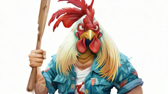 A cheerful cartoon chicken wearing a Hawaiian shirt and holding an oar.