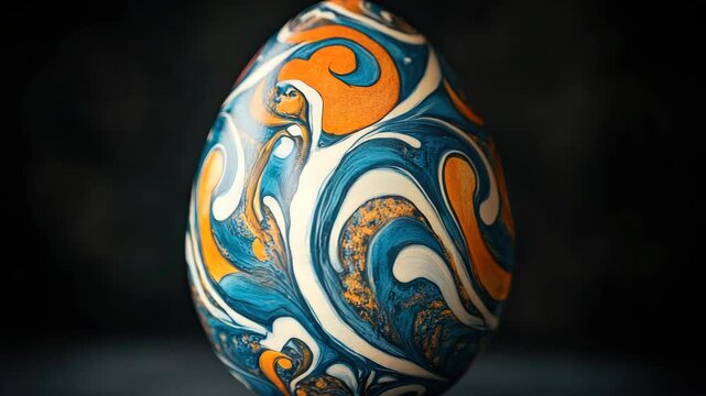 A colorful painted egg with blue and orange swirling patterns.