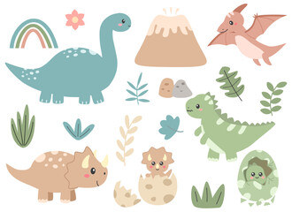 Cute boho dinosaur illustration set with volcano, rainbow and prehistoric plants. Baby dino characters in flat cartoon style. Nursery clipart collection in earthy pastel tones. Vector illustration © saturnvh