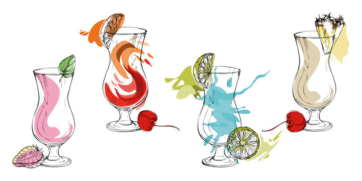 Highball glass iconic cocktails, milkshakes and tropical flavor lemonade with ink outline, colorful vector splash blobs. Hand drawn vector for recipe stamps, social posts, tags, themed event logos
