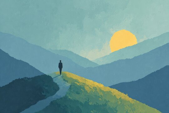 A painting of a person standing on a mountain