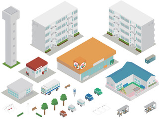 アイソメトリックの団地の街並み作成キット用パーツセット