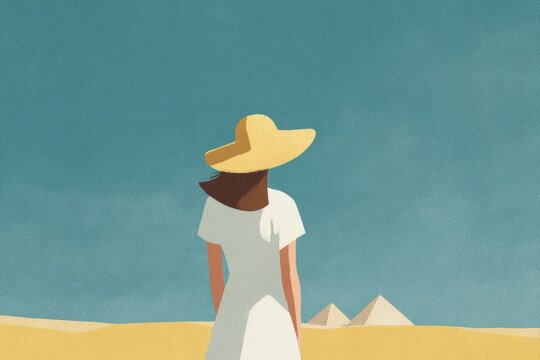 A woman in a white dress and hat standing on a desert