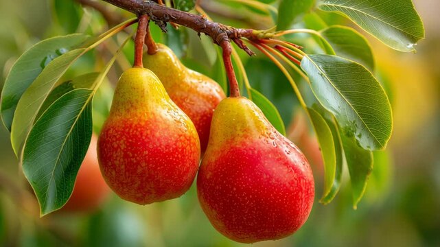 Ripe Pear fruits hanging on a tree. Vivid Yellow Red Pears cluster growing on a branch. Green natural leaves blurred background. Organic eco bio farming. Fruit garden orchard. Plantation. Harvesting.