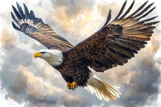 Bald eagle flying in the sky with clouds on a bright day over a natural landscape