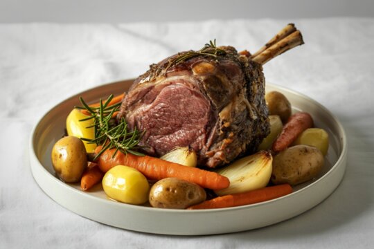 a slow-cooked leg of lamb with perfectly roasted vegetables