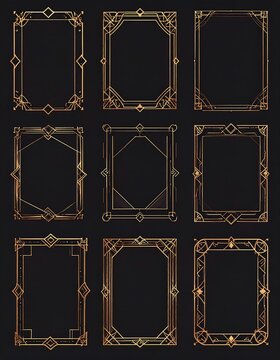 Nine ornate golden art deco frames sit against a black backdrop, each with unique geometric patterns and intricate details