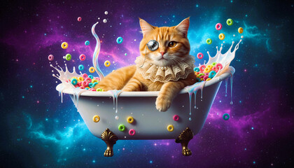 Surreal Digital Art of a Ginger Cat with a Monocle and Ruff Sitting in a Clawfoot Bathtub Filled with Cereal and Milk in Outer Space Nebula Background