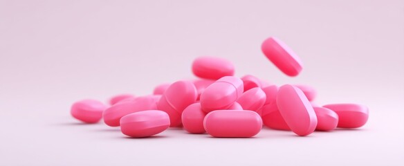 Soft pink pills randomly strewn on a clean white surface symbolize a medical and pharmaceutical concept.
