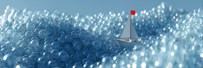 Close-up of a Minimalist 3D Rendering of a White Sailboat with Red Flag Sailing Through Countless Translucent Blue Water Bubbles. Symbolizing Freedom, Travel and Ocean Adventure. Generative Ai.