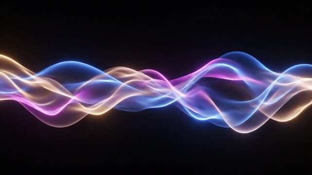 Abstract sound waves with colorful flowing light trails are set against a solid black backdrop for creative commercial use.