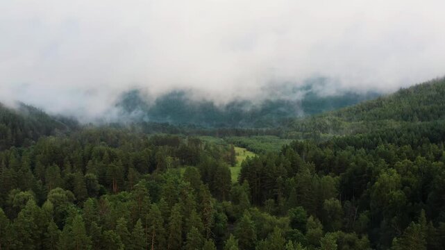Southern Urals in summer: Southern Kraka ridge, aerial view. Evening fog in the mountains.