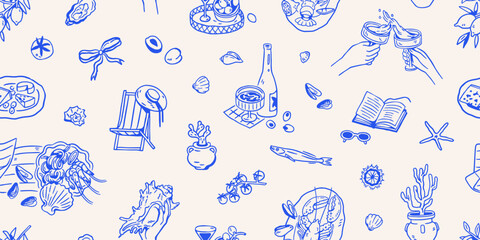 Dolce vita seamless pattern. Italian summer vacation, endless hand-drawn doodle background. Coastal holiday, retro sketch texture for wallpaper, textile, wrapping design. Flat vector illustration