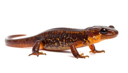 Obraz premium Tiger salamander crawling side view on white background