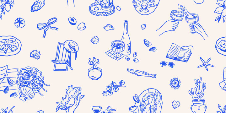 Dolce vita seamless pattern. Italian summer vacation, endless hand-drawn doodle background. Coastal holiday, retro sketch texture for wallpaper, textile, wrapping design. Flat vector illustration