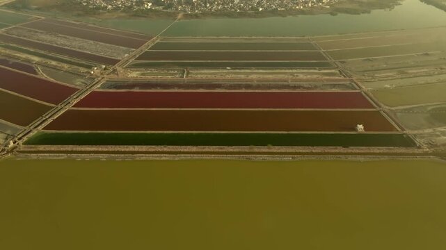 Aerial view of salt evaporation ponds displaying a spectrum of colors, set against the town's edge and the lake, Sambhar, Rajasthan, India.