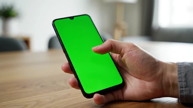 A person's hand holds a modern smartphone with a vibrant green screen, ready for custom content, against a blurred indoor background.