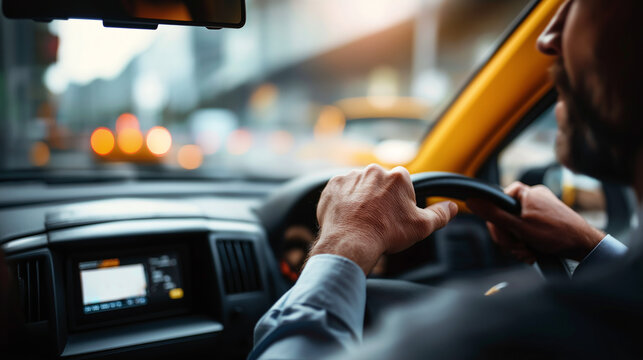 Male operating cab vehicle from interior view during urban commute, transportation service and road travel moment.