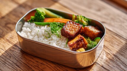 Bento box meal closeup on a wooden table. Japanese cuisine food preparation. Takeaway lunch for healthy lifestyle.