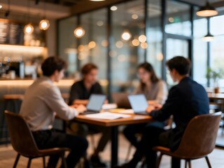 Fototapeta premium Abstract Blurred Team Brainstorming in Modern Office with Warm Bokeh Lighting