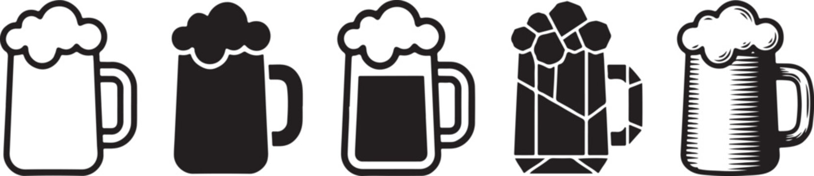 A row of five black and white pixel art icons depicting different styles of beer mugs Vector