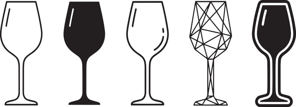 A collection of five monochrome wine glass icons showcasing different styles from solid fill to patterned designs. Vector