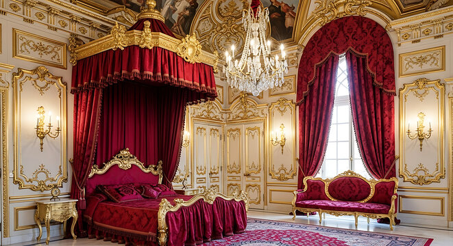 Luxurious bedroom with ornate red bed and gold accents, interior view of opulent decor and furnishings