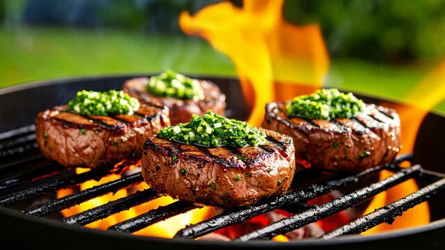 meat on the grill, a perfectly grilled steak topped with vibrant chimichurri sauce, showcasing juicy texture, charred grill marks, and rich flavors in a mouthwatering gourmet presentation