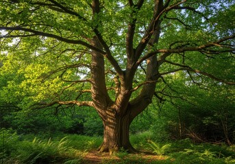 Obraz premium Mature tree standing tall amidst a lush green forest environment