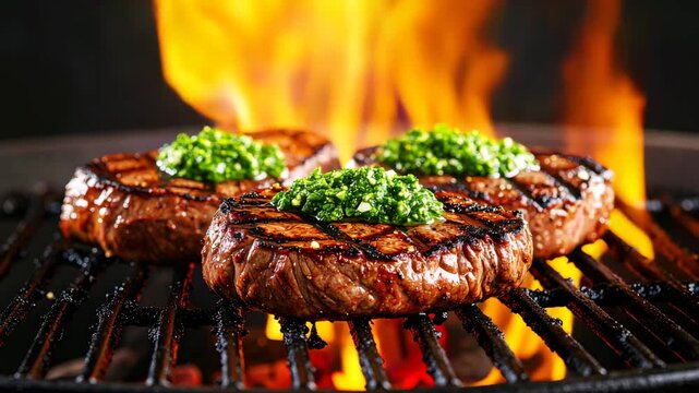 meat on the grill, a perfectly grilled steak topped with vibrant chimichurri sauce, showcasing juicy texture, charred grill marks, and rich flavors in a mouthwatering gourmet presentation