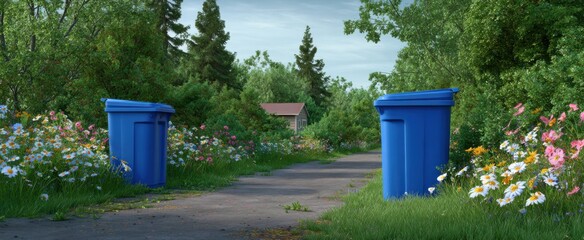 Obraz premium Blue recycling bins stand like sentinels on a suburban street embraced by wildflowers and lush green.
